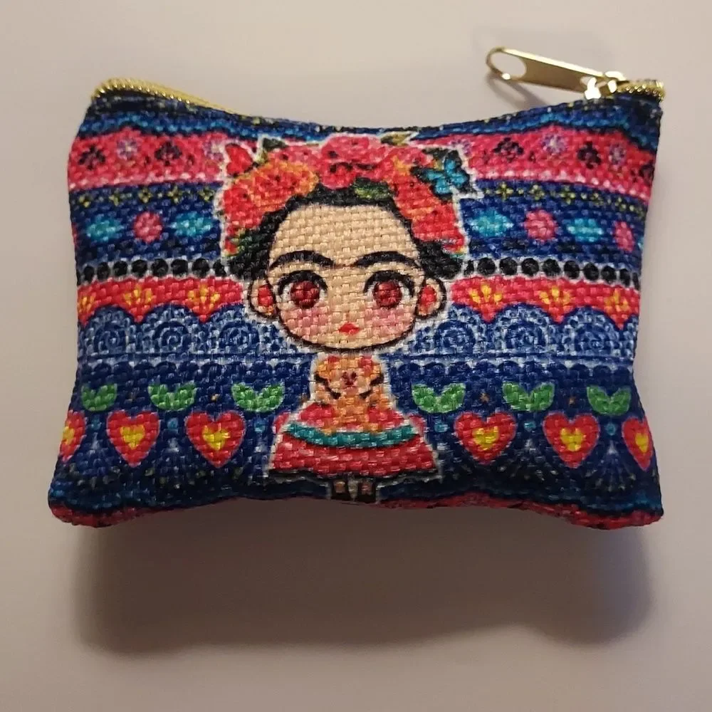 Frida Kahlo Coin Purse Makeup Bag Multi Color Zippered Blue PInk Mexico …